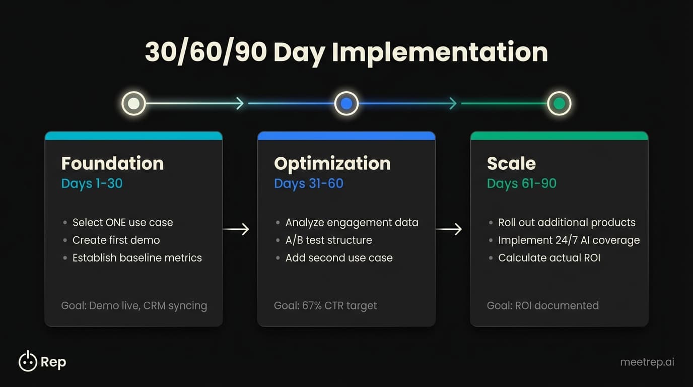 Demo automation 30-60-90 day implementation roadmap showing Foundation, Optimization, and Scale phases with key milestones