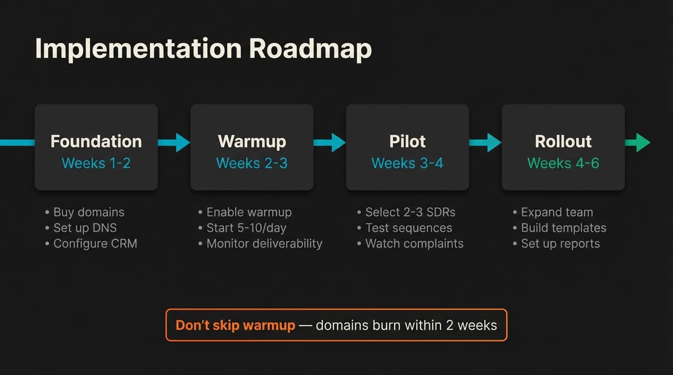 Email outreach tool implementation roadmap showing four phases over six weeks: Foundation, Warmup, Pilot, and Rollout with key activities for each