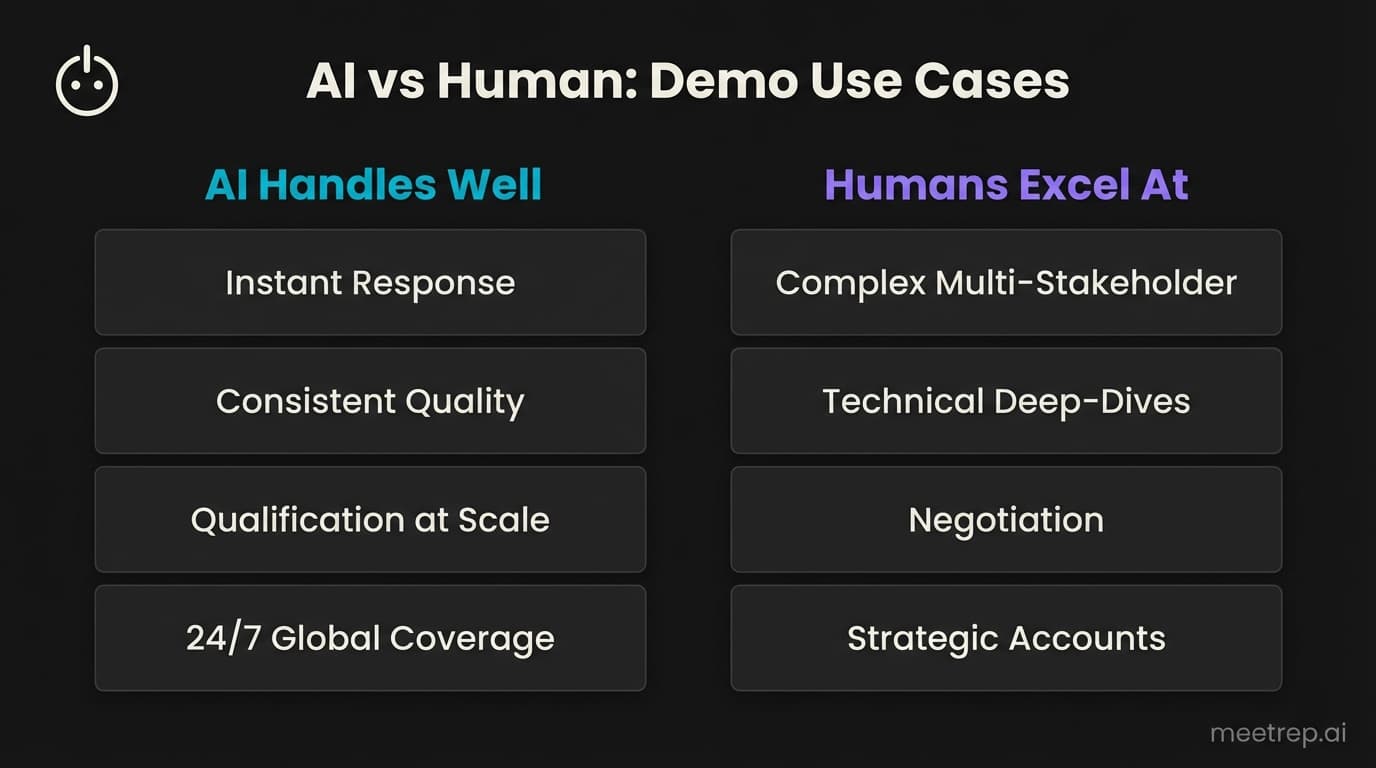 SaaS demo AI versus human framework showing when to use automated demos for speed and scale versus human demos for complex deals and negotiation