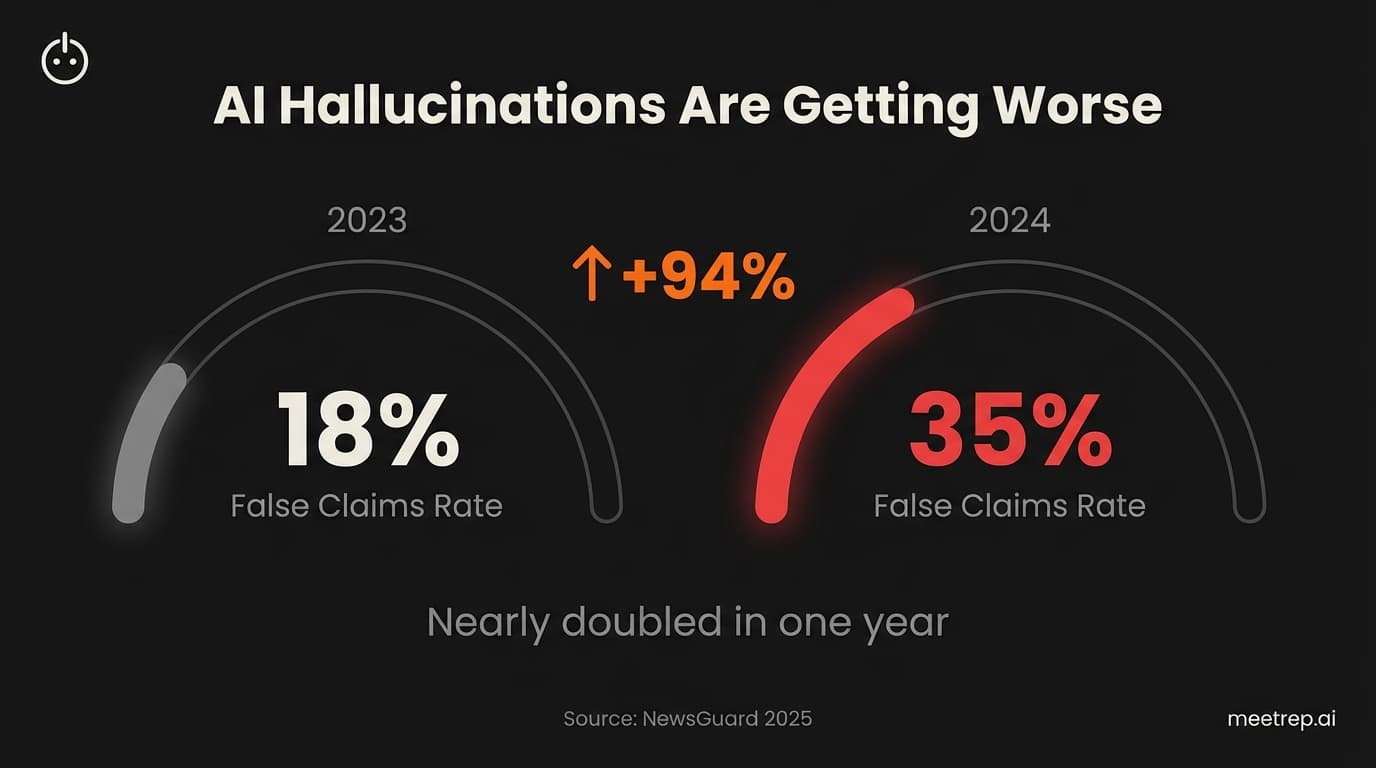 Data visualization showing AI chatbot hallucination rates nearly doubled from 18 percent in 2023 to 35 percent in 2024 according to NewsGuard