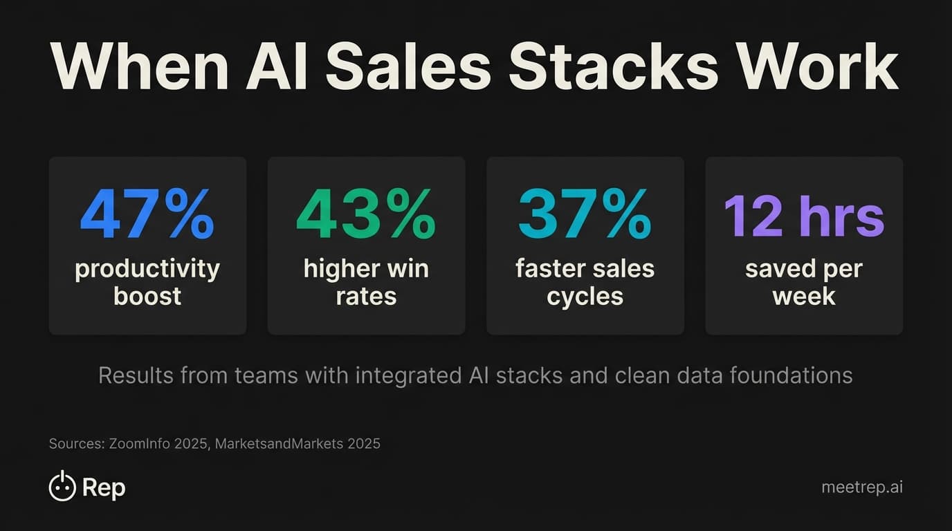 AI sales stack ROI statistics showing 47% productivity boost, 43% higher win rates, 37% faster sales cycles, and 12 hours saved weekly with proper implementation