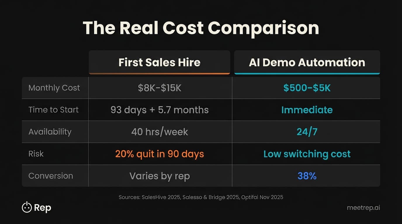 First sales hire vs AI demo automation comparison — costs, ramp time, availability, and conversion rates for founder-led sales transition decisions