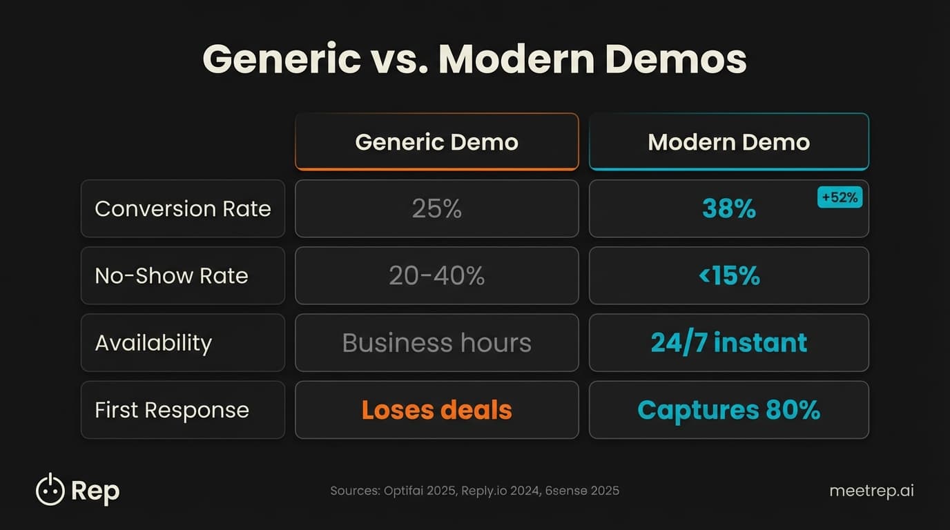 Demo conversion comparison showing modern interactive demos achieve 38% close rate versus 25% for generic demos