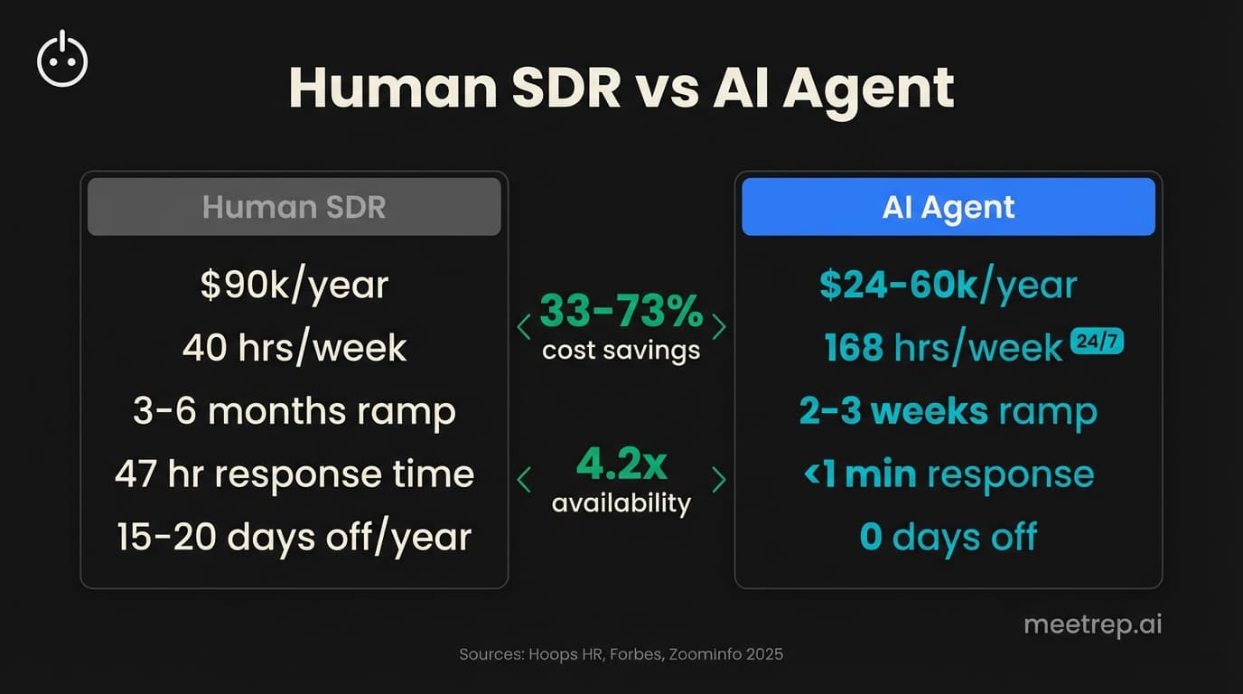 Human SDR versus AI agent comparison showing AI provides 4.2x availability at 33-73% lower cost with instant response times