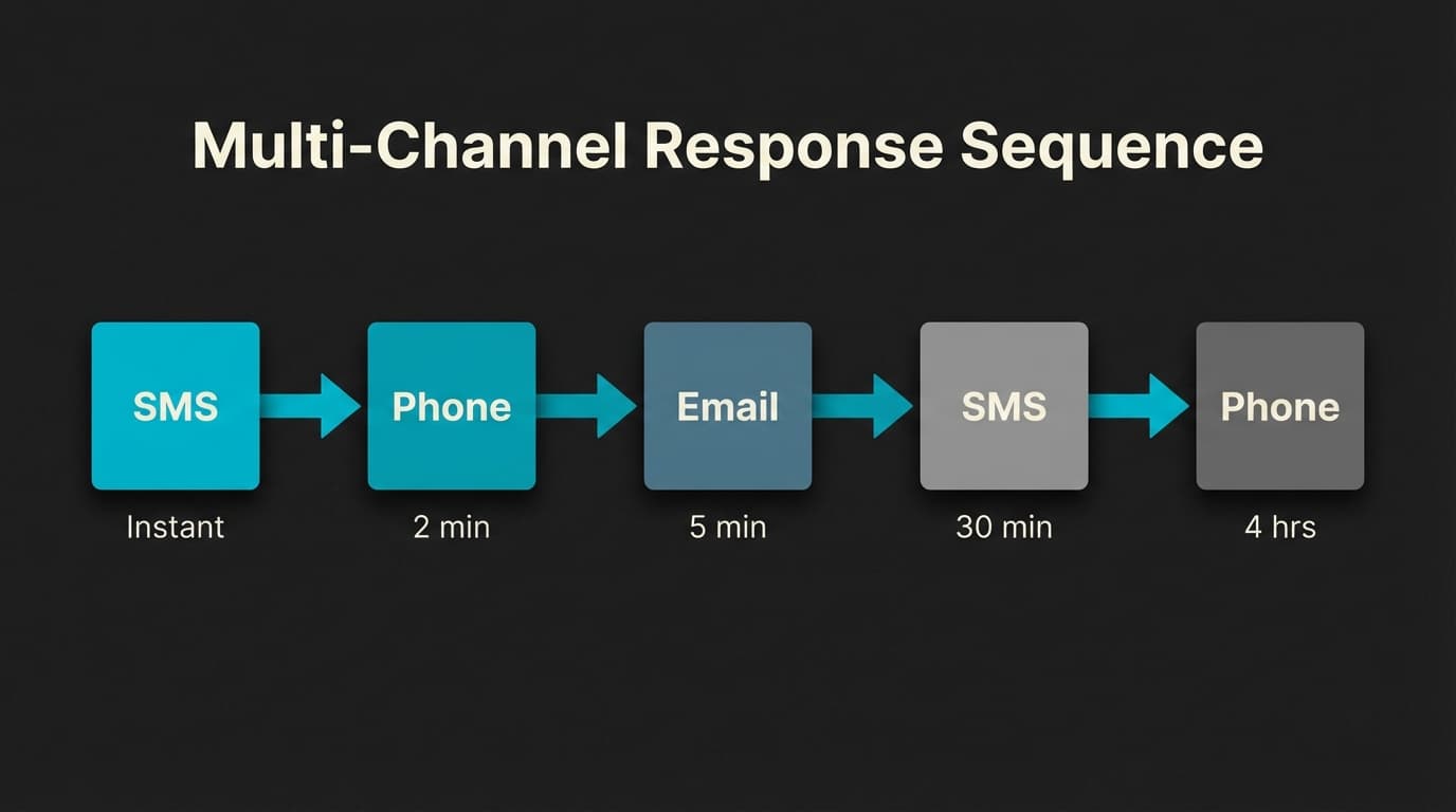 Multi-channel lead response time sequence showing SMS at instant, phone at 2 minutes, email at 5 minutes, SMS at 30 minutes, and phone at 4 hours in horizontal flow