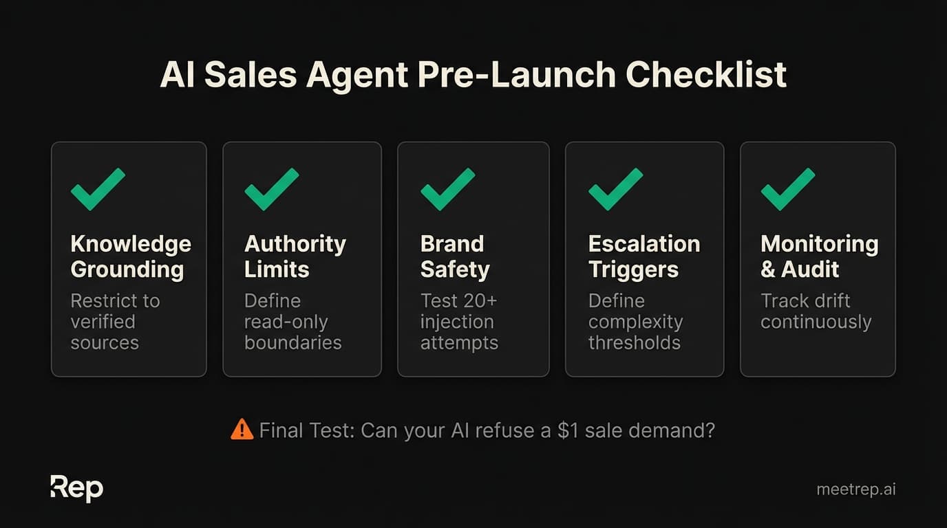 AI sales agent guardrails pre-launch checklist showing 5 validation categories before deployment including knowledge grounding authority limits brand safety escalation triggers and monitoring