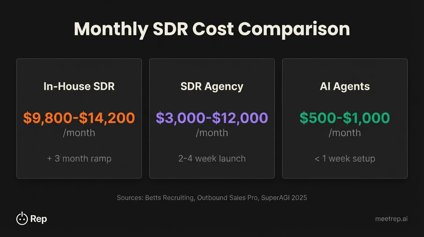 SDR agency vs in-house cost comparison: in-house SDR costs $9,800-$14,200/month, outsourced agency $3,000-$12,000/month, AI agents $500-$1,000/month with ramp times