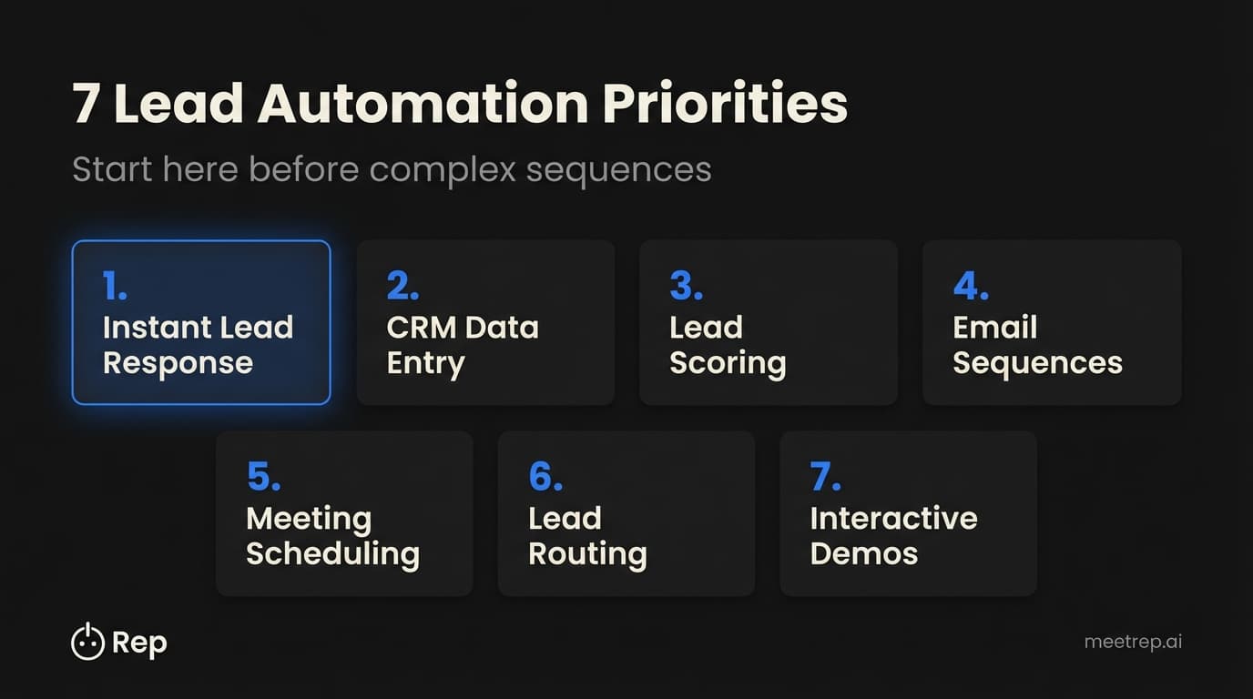 Lead generation automation priorities: 7 tasks to automate first including instant response, CRM entry, lead scoring, and email sequences