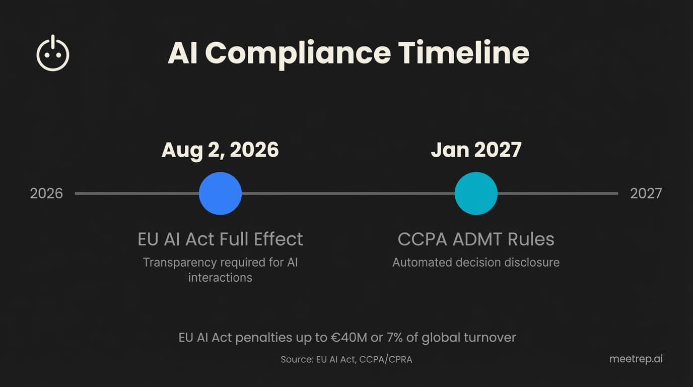 AI compliance timeline showing EU AI Act August 2026 and CCPA ADMT January 2027 deadlines for CISOs planning AI sales tool adoption
