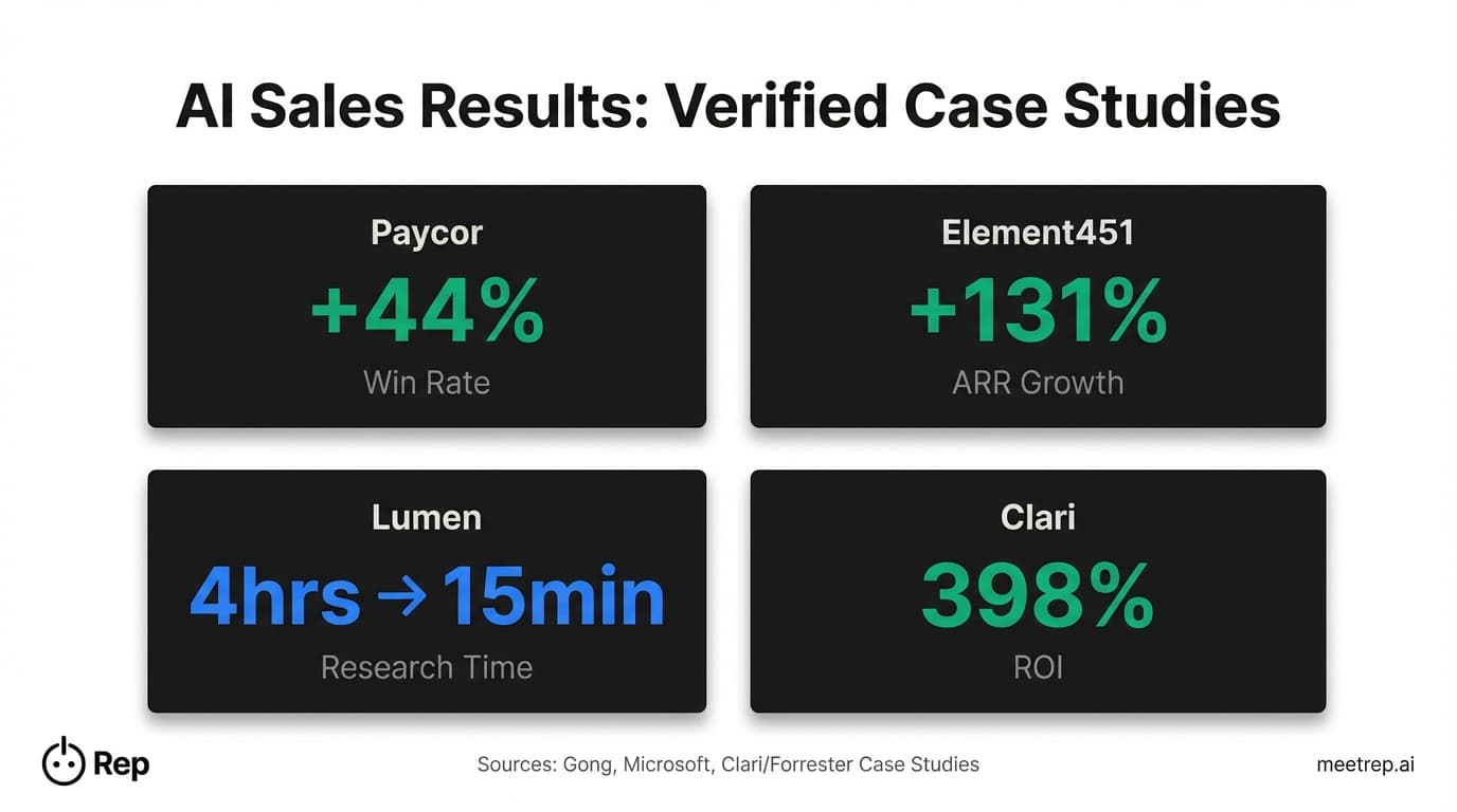 AI sales statistics case studies showing Paycor 44% win rate increase, Element451 131% ARR growth, Lumen research time cut to 15 minutes, and Clari 398% ROI from verified sources