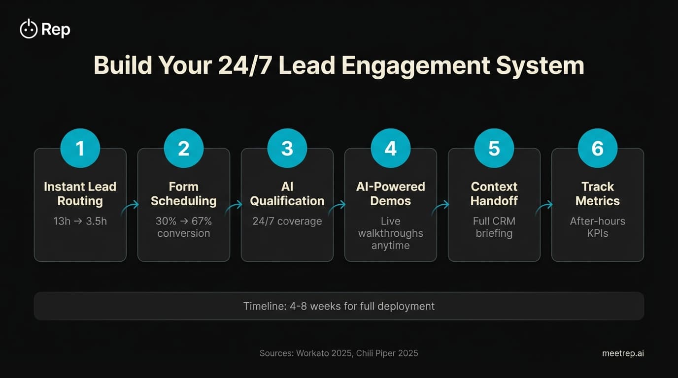 24/7 after-hours lead engagement framework showing six steps from instant routing to metrics tracking