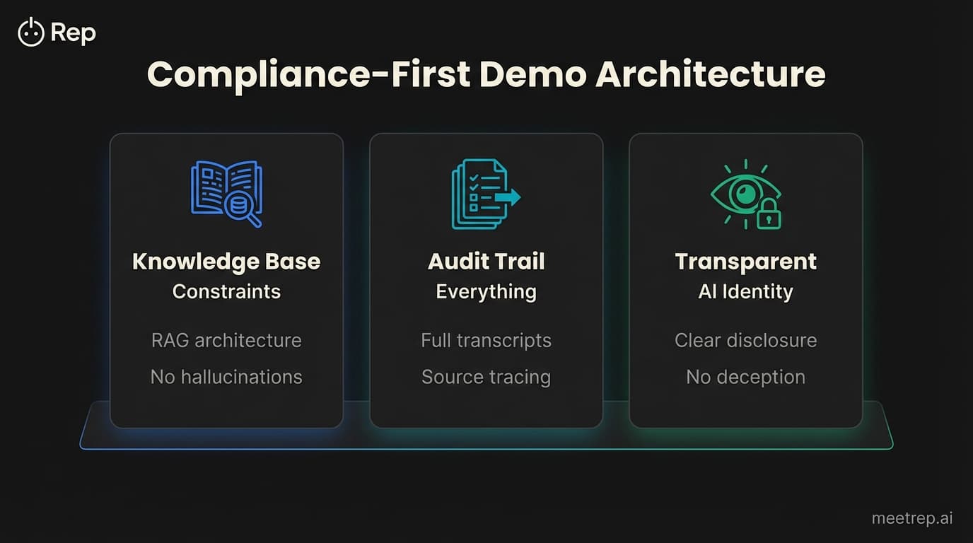 Three pillars of compliance-first fintech demos: knowledge base constraints, audit trails, and transparent AI identity