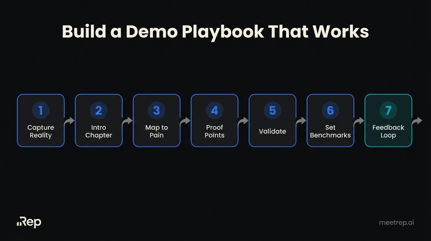 Seven-step sales demo playbook framework from capture reality to feedback loops showing how to build a playbook reps actually follow, Rep AI platform