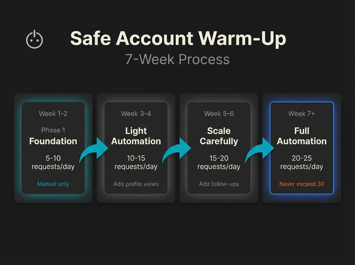 LinkedIn account warm-up timeline showing safe 7-week process from 5 daily requests manual only to 25 daily requests full automation with limits