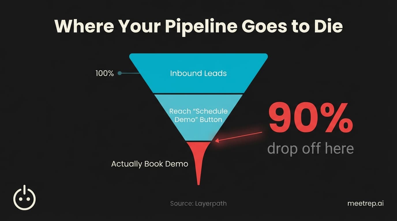 Funnel diagram showing 90% of B2B leads drop off at the Schedule Demo stage, visualizing the pipeline leak in traditional demo processes