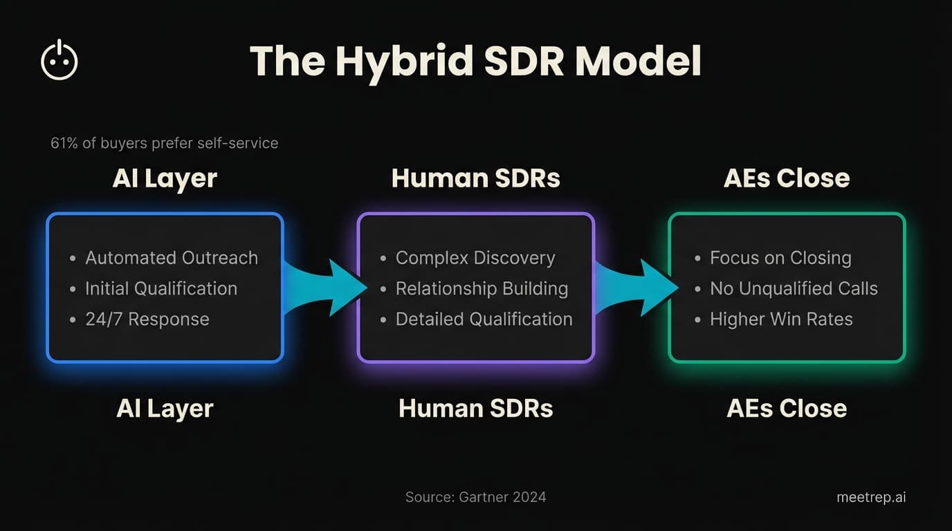 Hybrid SDR model combining AI agents for automated outreach and 24/7 response, human SDRs for complex discovery and qualification, and AEs focused purely on closing deals