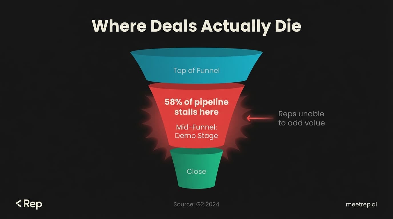 Sales funnel diagram showing 58% of B2B pipeline stalls at mid-funnel demo stage where reps struggle to add value, Rep AI sales demo automation