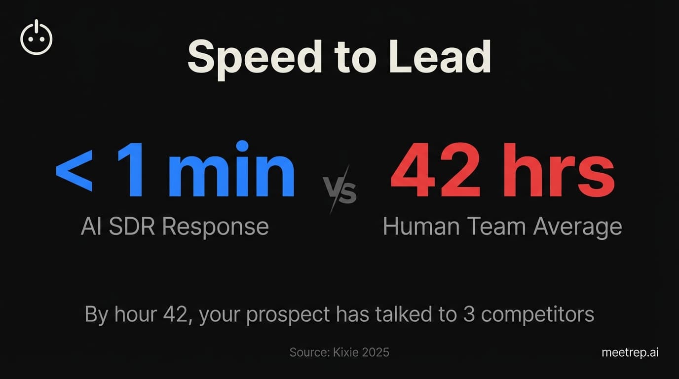 AI SDR vs Human SDR speed to lead comparison showing AI responds in under 1 minute versus 42 hours for human teams