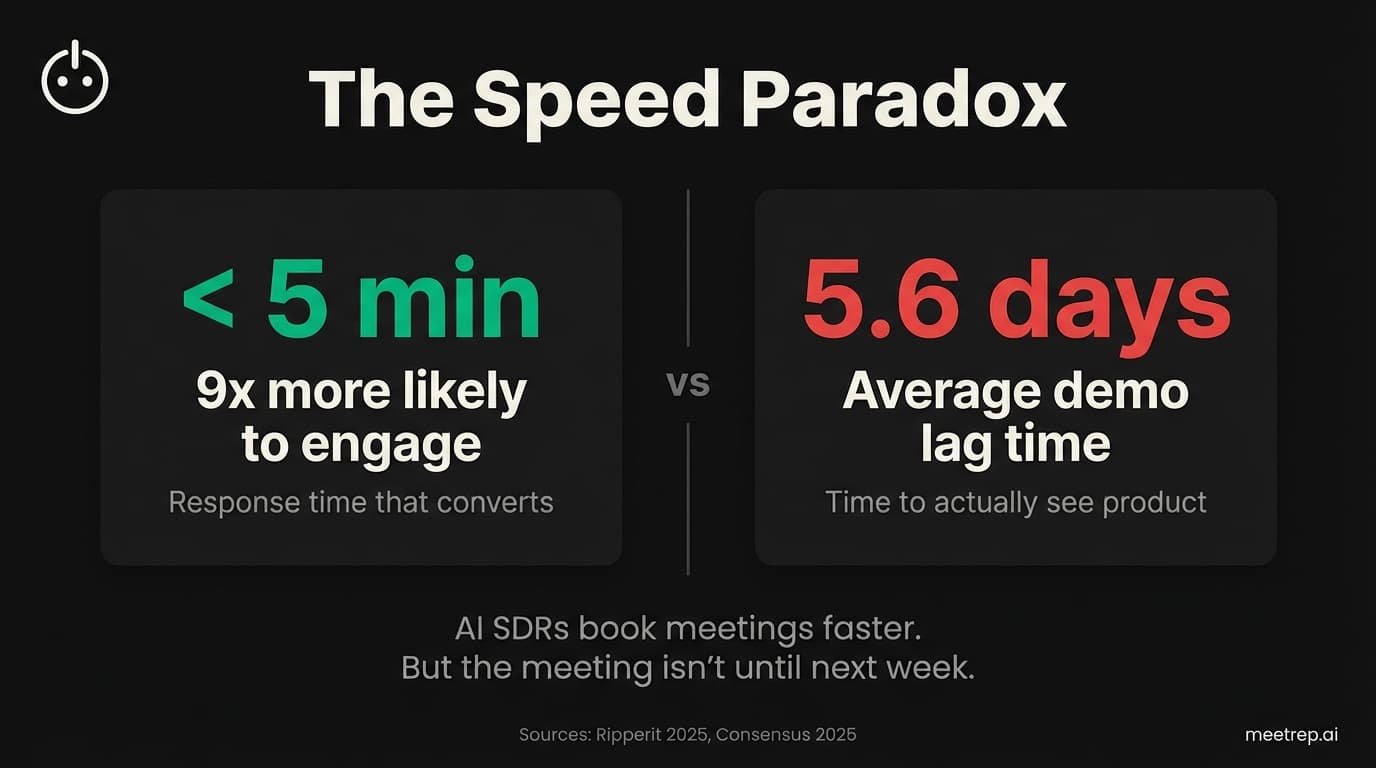 Speed-to-lead paradox showing 9x engagement within 5 minutes versus 5.6 day average AI SDR demo lag time
