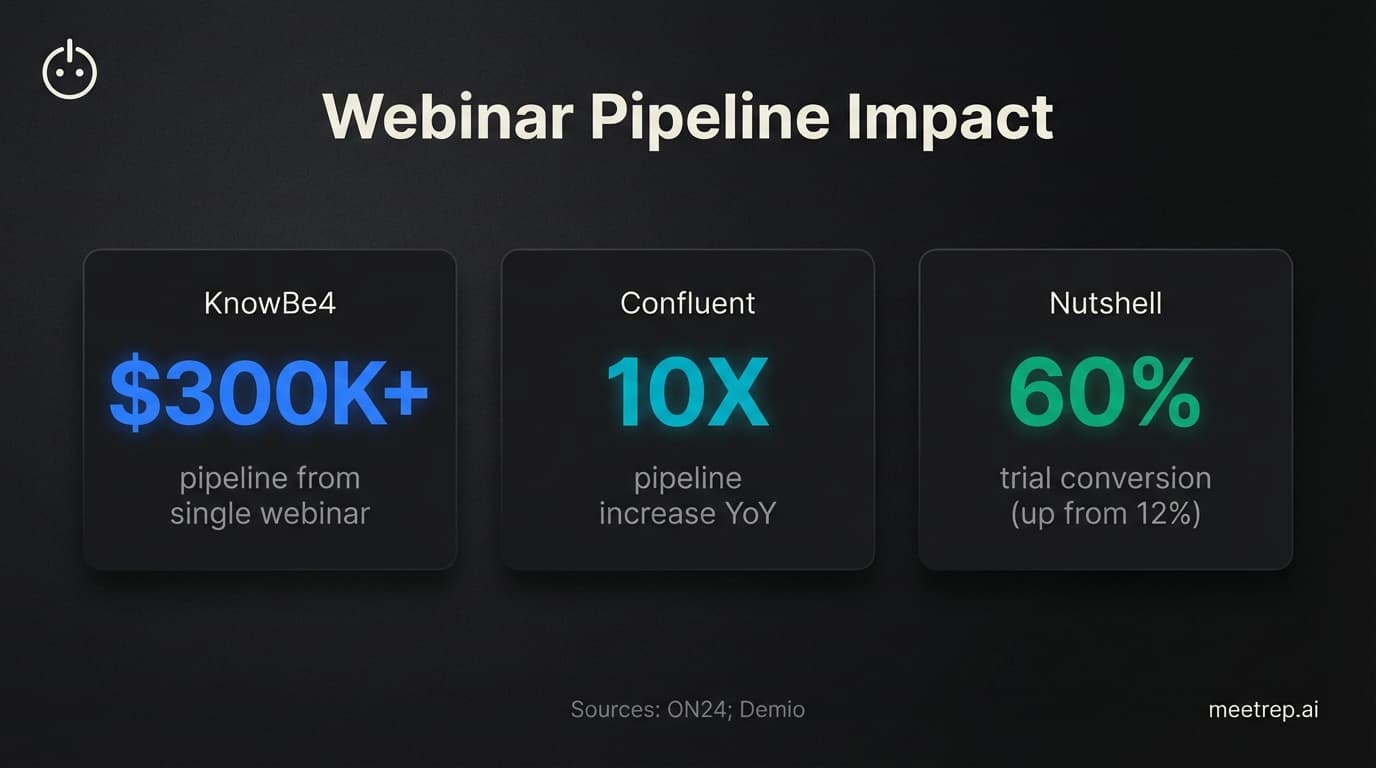 Product demo webinar pipeline results showing KnowBe4 generated 300K plus pipeline from single webinar, Confluent achieved 10X pipeline growth, and Nutshell reached 60 percent trial conversion