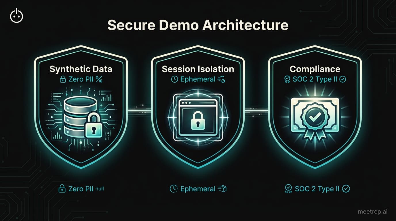 Security diagram showing three pillars: Synthetic Data with Zero PII, Session Isolation, and SOC 2 Type II Compliance.