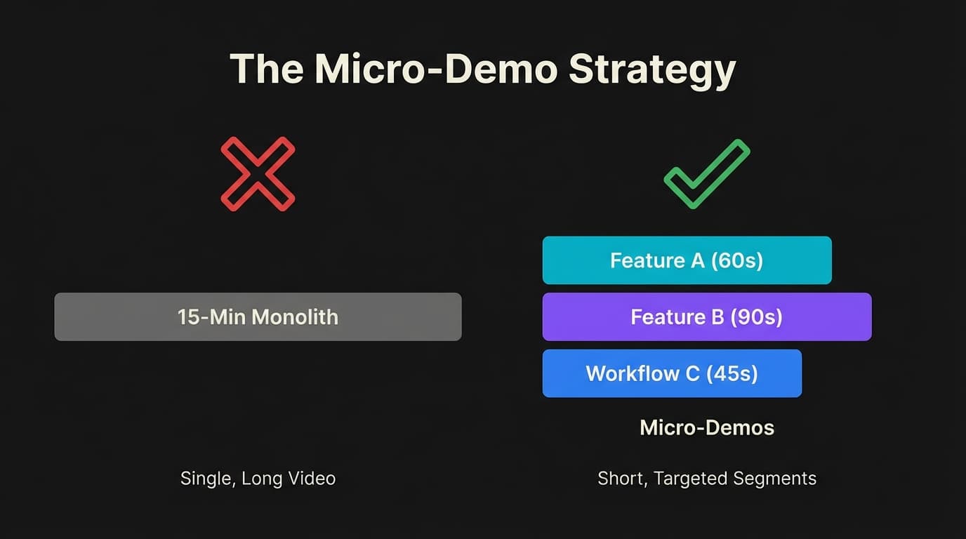 Visualization comparing a long ineffective video monolith against a stack of three effective micro-demos.