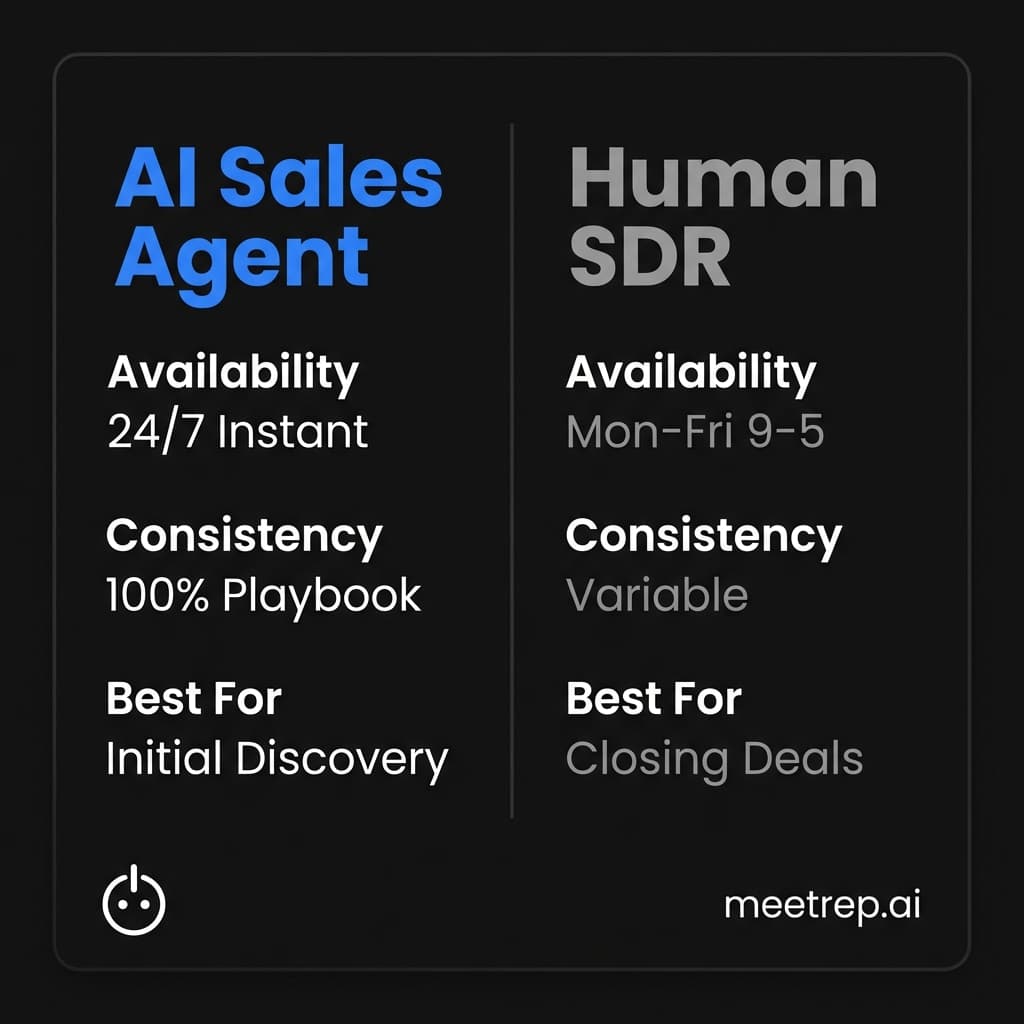 Comparison card showing AI Agents are superior for 24/7 availability and consistency, while Human SDRs are better for closing deals.