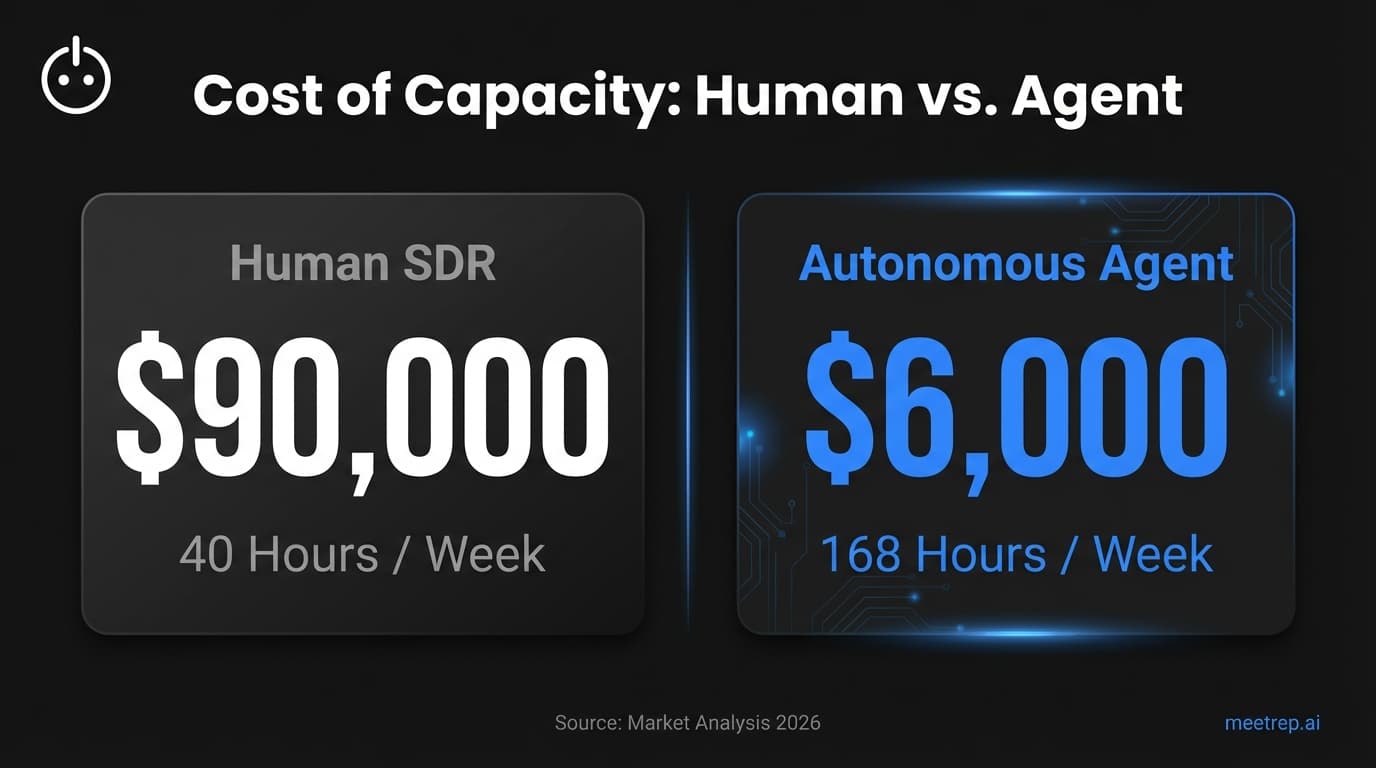 Cost comparison showing a Human SDR costs $90,000 for 40 hours/week, while an Autonomous Agent costs $6,000 for 168 hours/week.