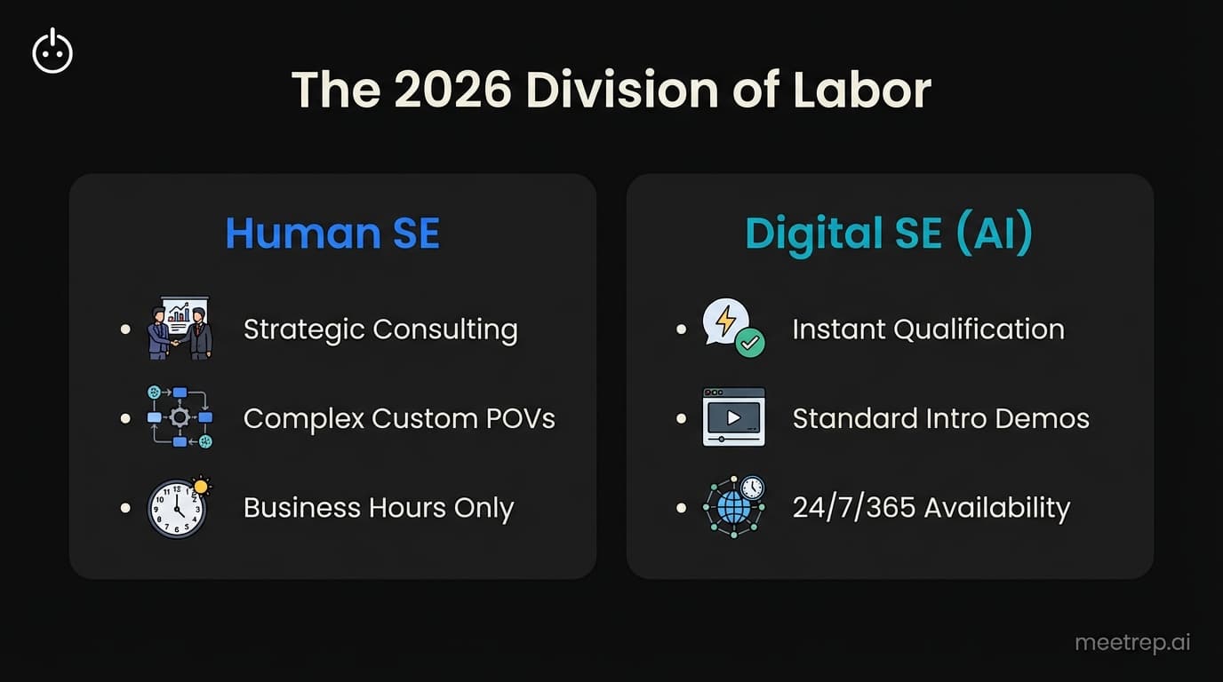 Comparison infographic titled The 2026 Division of Labor contrasting Human SE tasks like Strategic Consulting against Digital SE tasks like Instant Qualification.