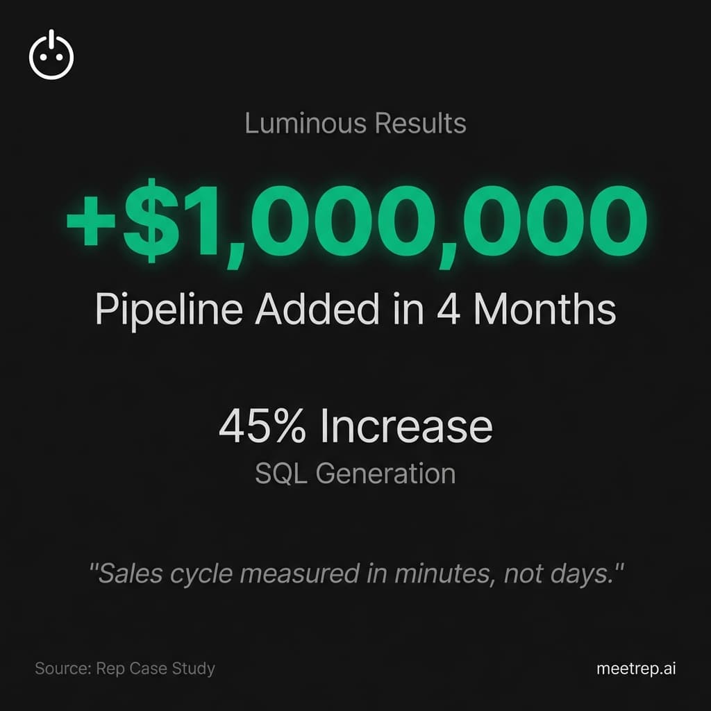 Case study results for Luminous showing $1 million in added pipeline and 45% increase in SQLs using Rep AI agents.