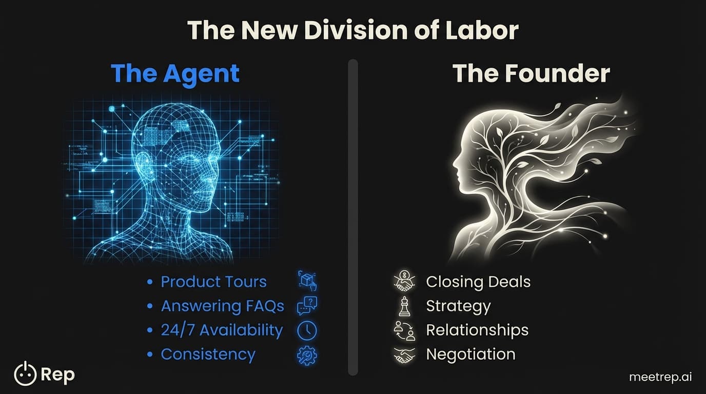 Comparison showing AI Agents handle tours and FAQs, while Founders handle closing, strategy, and relationships.