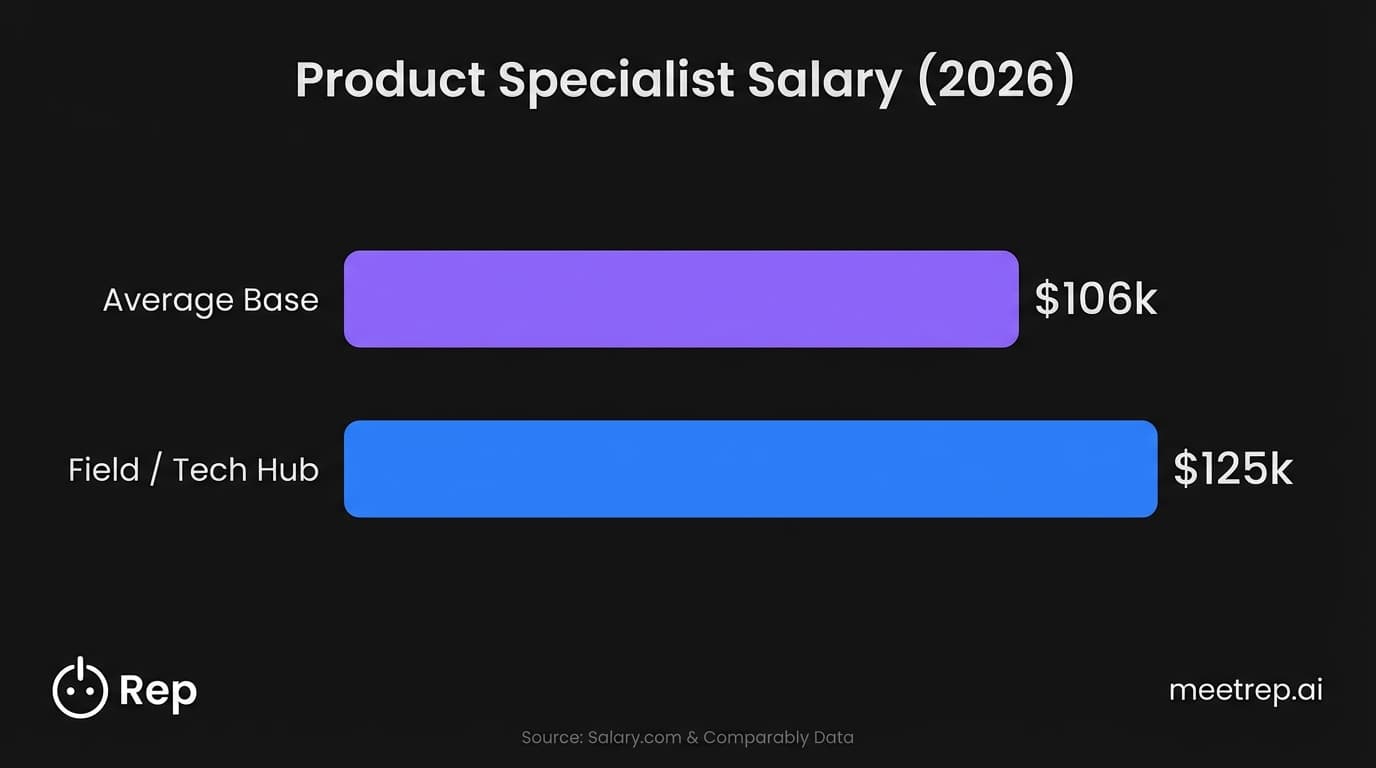 Bar chart showing Product Specialist salary benchmarks for 2026 ranging from $106k to $125k.