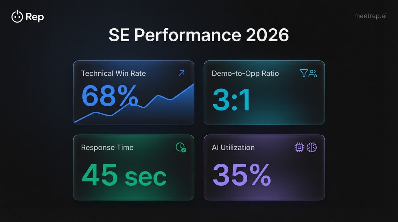 Mockup of an SE Performance Dashboard showing Technical Win Rate, Demo-to-Opp Ratio, Response Time, and AI Utilization metrics.