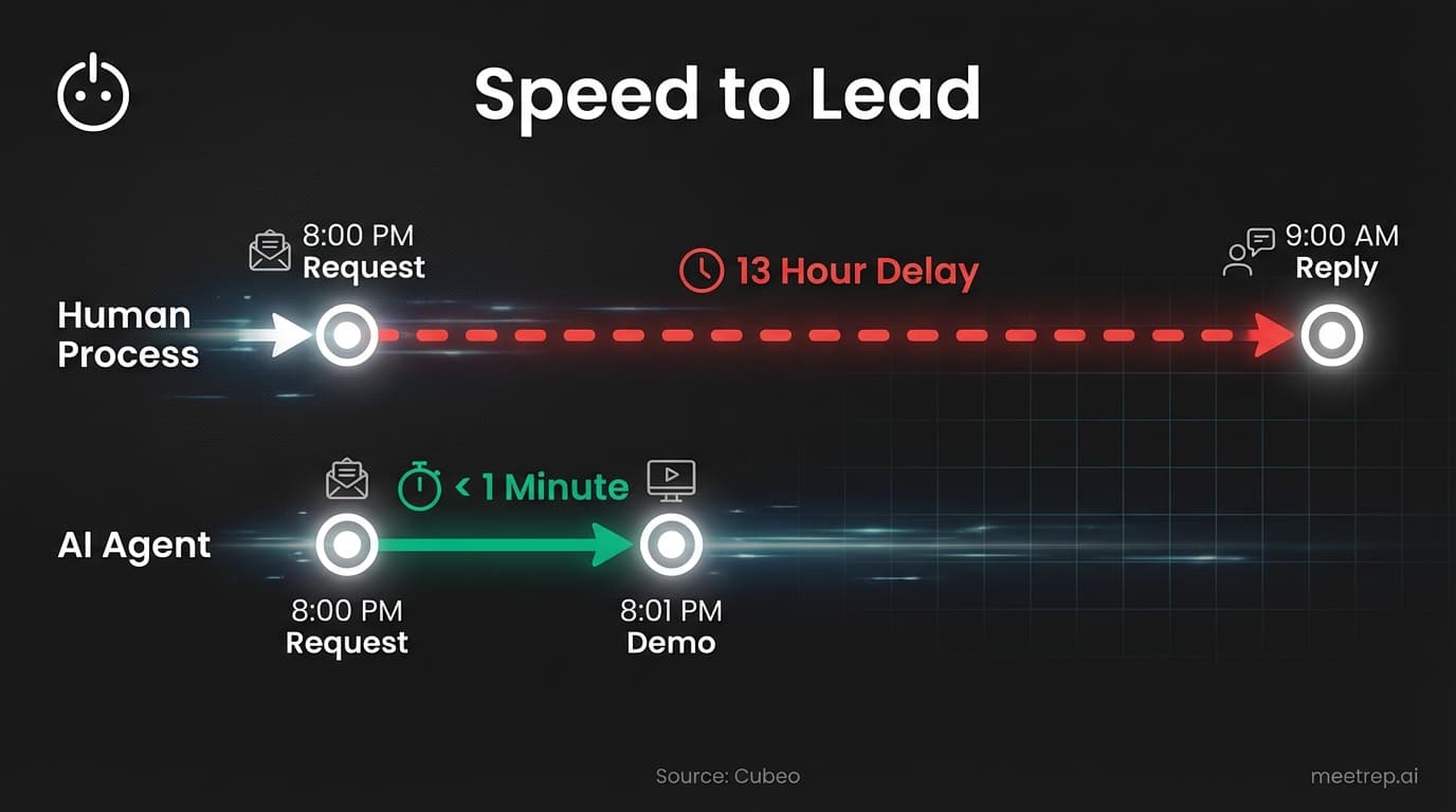 Timeline comparing Human SDR 13-hour response time vs AI SDR 1-minute response time, source Cubeo.