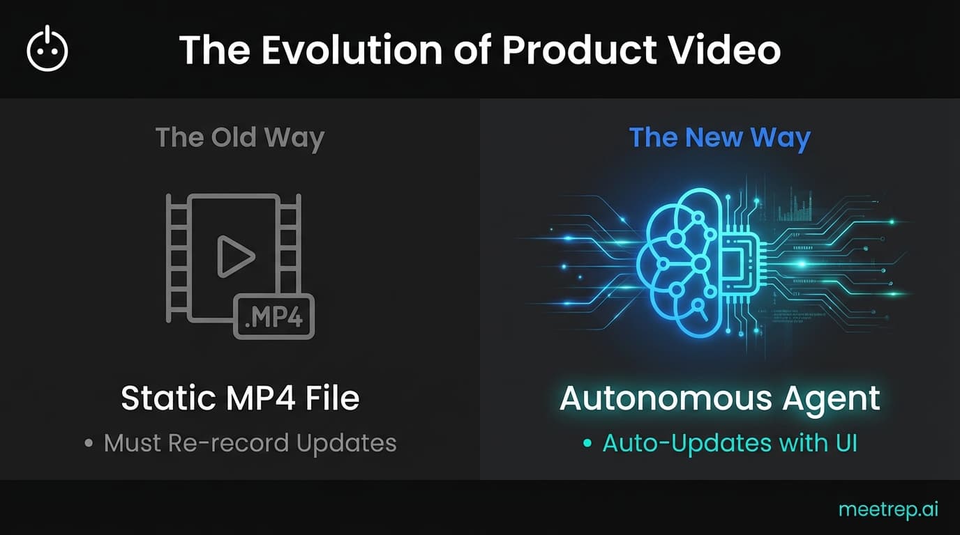 Comparison infographic: Old Way (Static MP4, re-record updates) vs New Way (Autonomous Agent, auto-updates with UI).