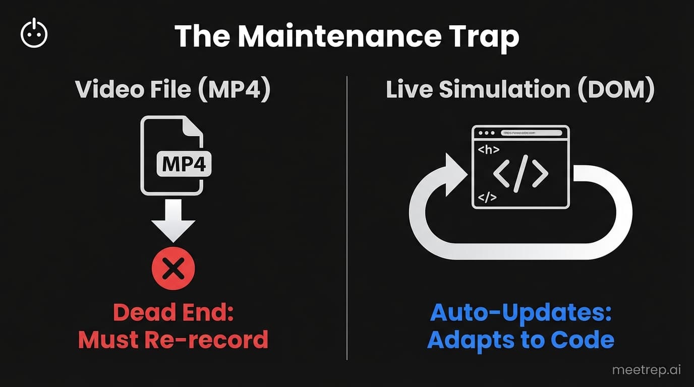 Comparison diagram showing MP4 video files as dead ends requiring re-recording, versus Live Simulation which auto-updates with code changes.