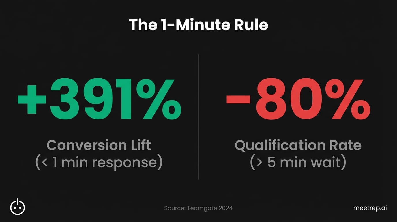 Data visualization showing 391% conversion lift for 1-minute response times versus 80% drop in qualification after 5 minutes.