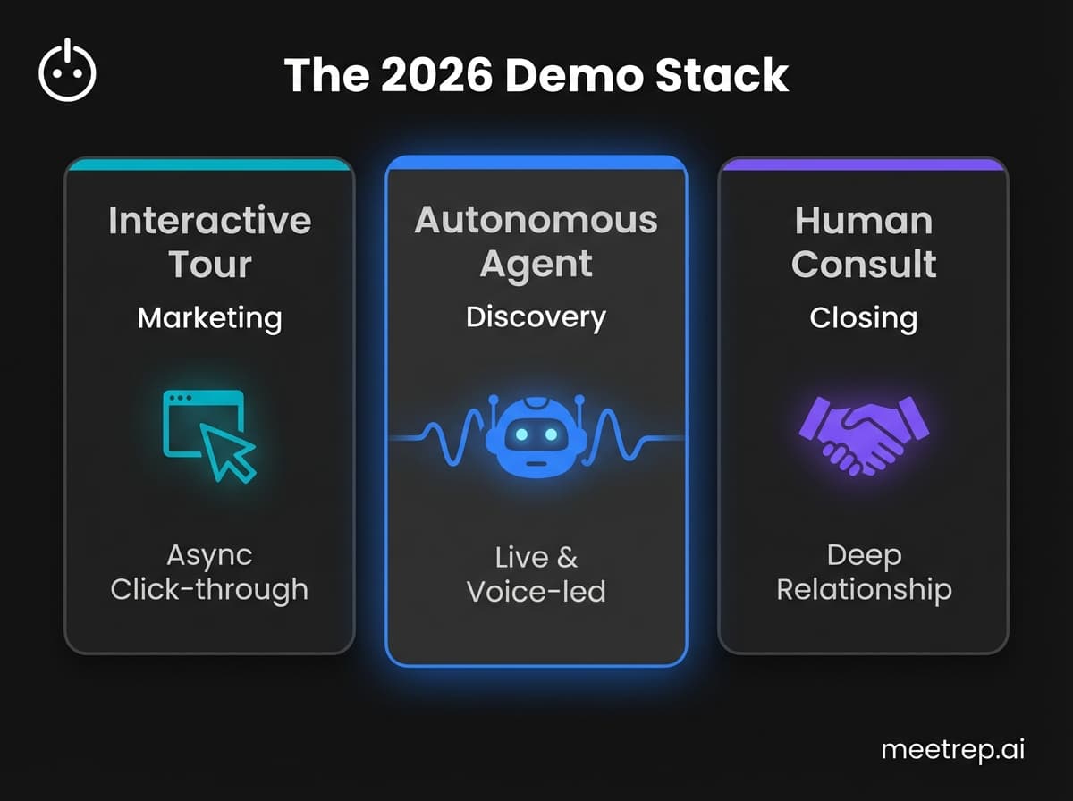 Comparison of 3 demo types: Interactive Tours for marketing, Autonomous Agents for discovery, and Human Consults for closing.