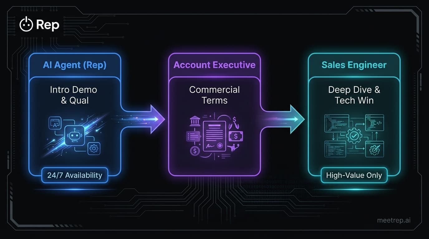 Process flow diagram showing the AI-Augmented Sales Cycle: Stage 1 AI Agent handles Intro Demo, Stage 2 AE handles Commercial Terms, Stage 3 SE handles Deep Dive.
