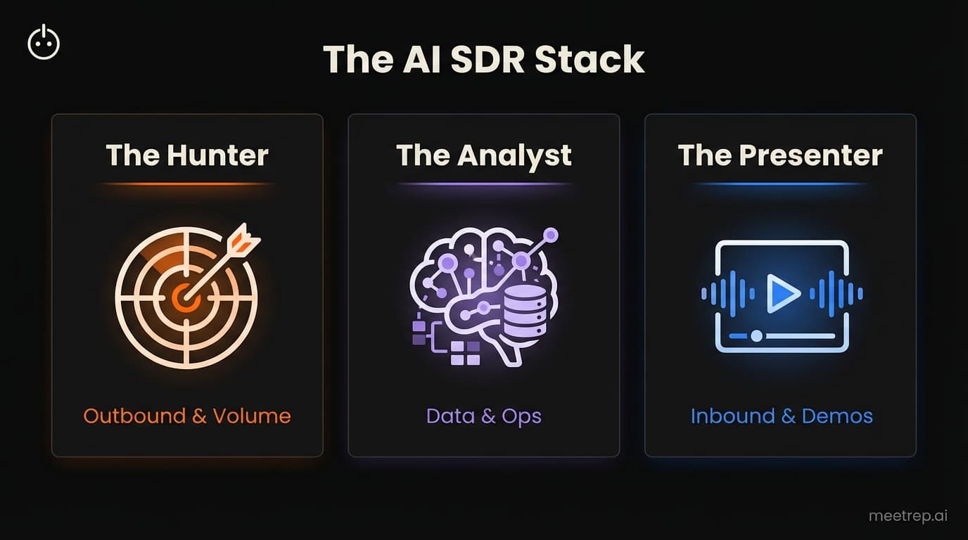 The 3 types of AI SDRs: The Hunter (Outbound), The Analyst (Data), and The Presenter (Inbound Demos).