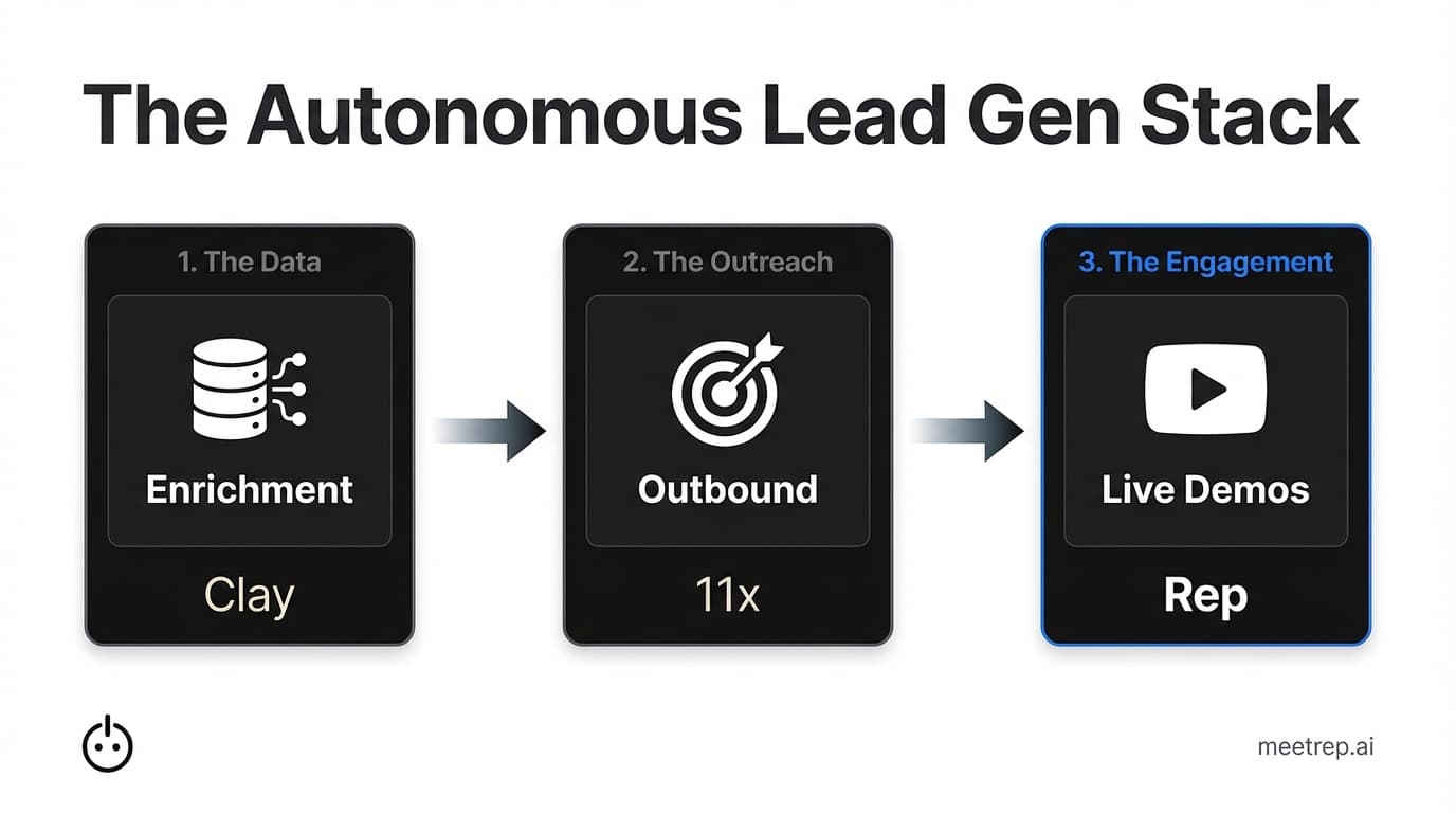 Three-step autonomous sales stack diagram showing Clay for data, 11x for outreach, and Rep for engagement and demos.
