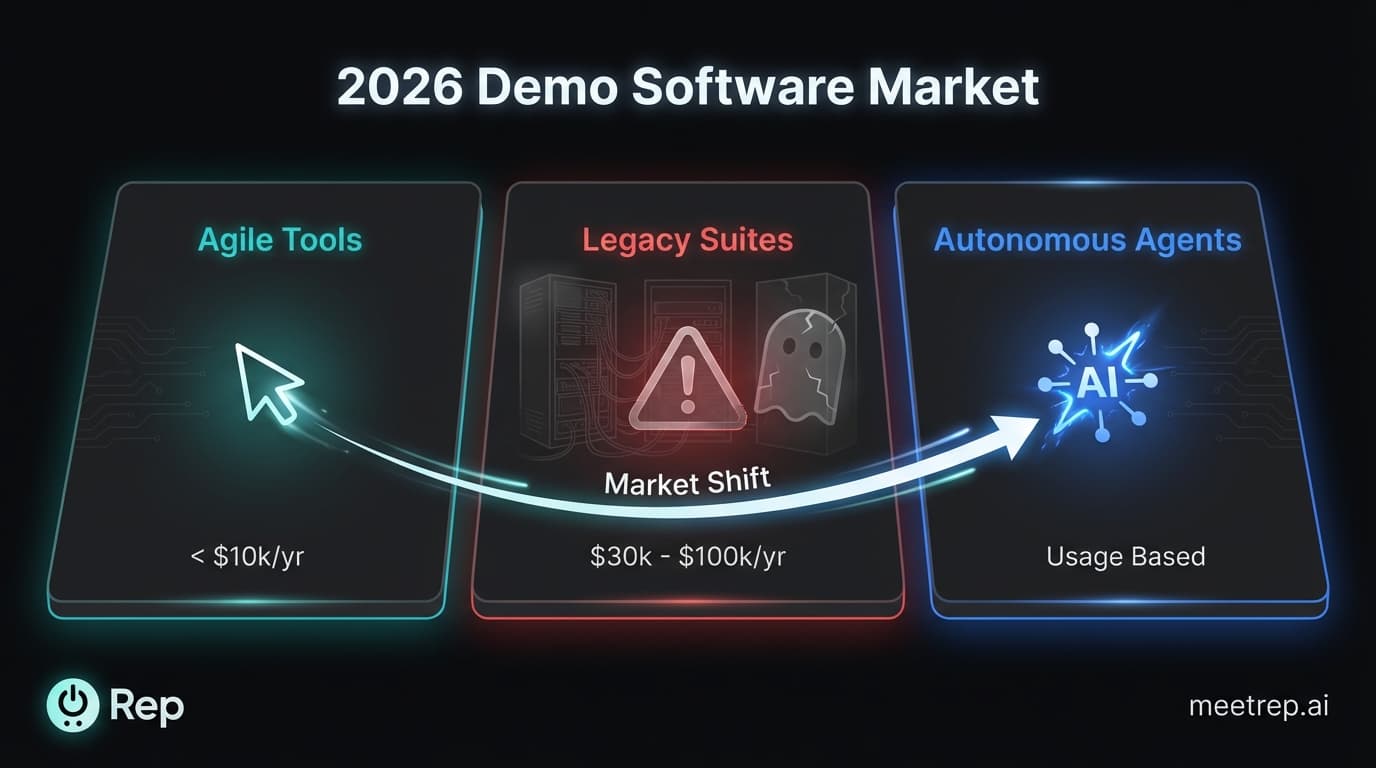 Market diagram showing the bifurcation of demo software: Agile Tools and Autonomous Agents are viable, while the expensive Legacy Suites middle ground is vanishing.