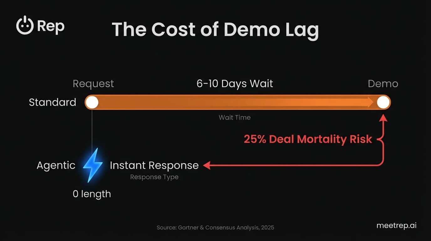 Timeline visualization showing standard 6-10 day demo wait times versus instant agentic response, highlighting deal mortality risk.