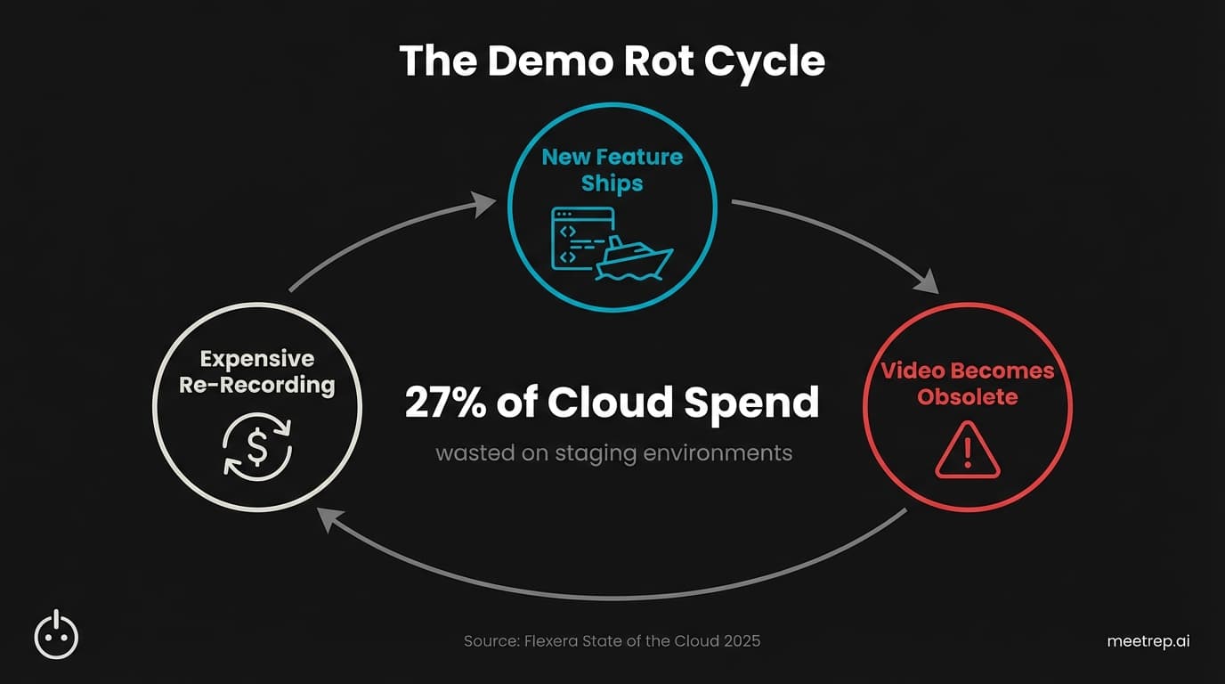 Circular diagram showing the 'Demo Rot Cycle' where new features make videos obsolete, leading to expensive re-recording and 27% wasted cloud spend.