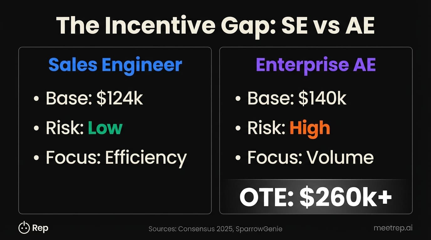 Comparison chart showing the Incentive Gap between Sales Engineers and Enterprise AEs; SEs have lower risk and efficiency focus, while AEs have high risk and volume focus with higher OTE.