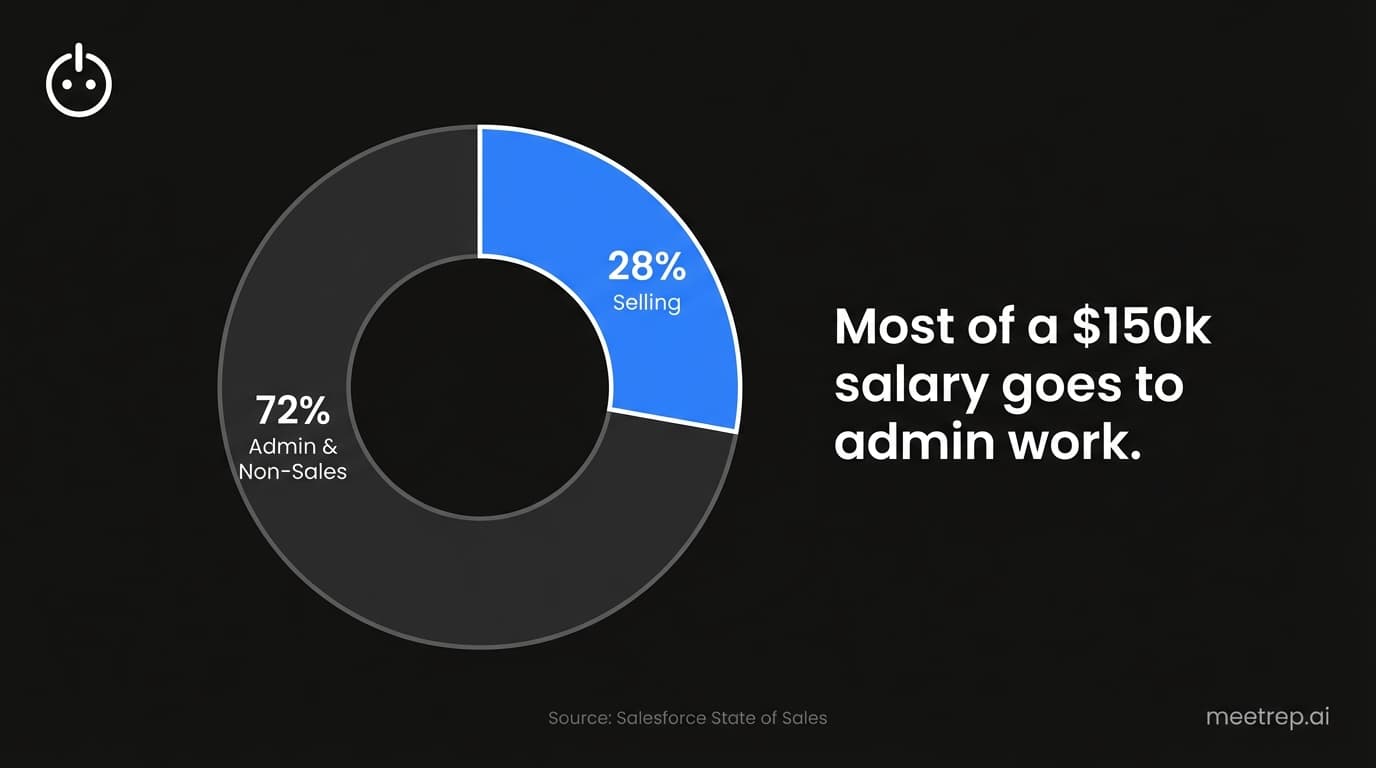 Graph showing sales rep efficiency: only 28% of time is spent selling, while 72% is spent on admin and non-sales tasks.