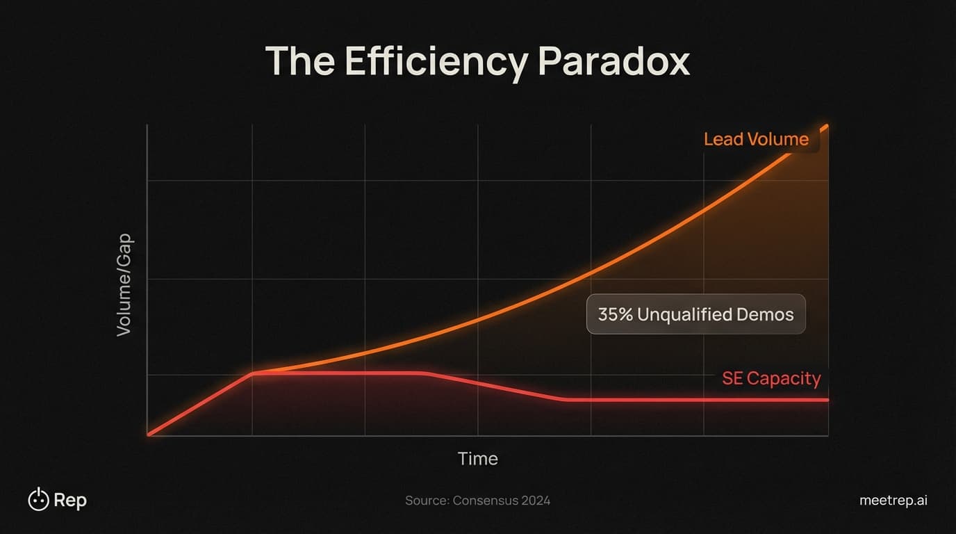Chart titled The Efficiency Paradox showing Lead Volume rising while SE Capacity plateaus, creating a gap labeled 35% Unqualified Demos.