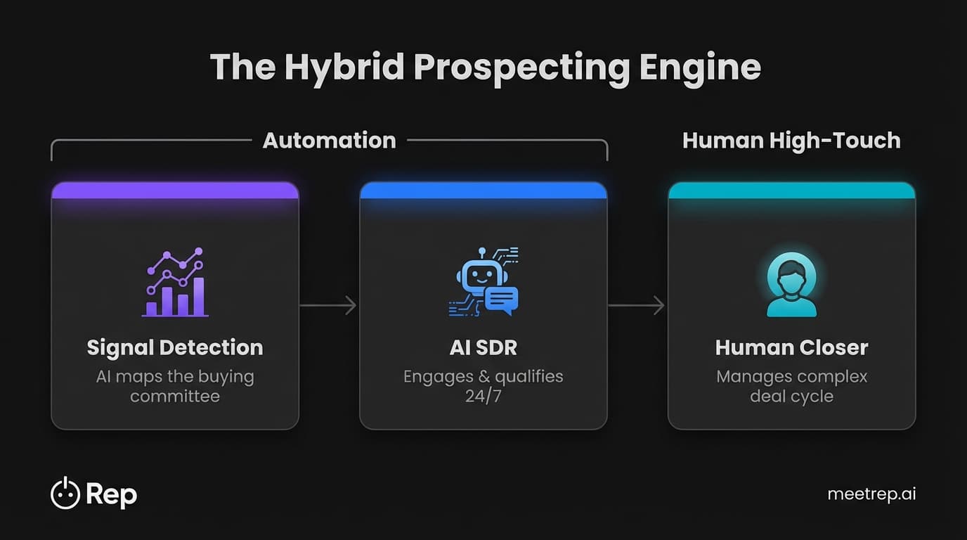 Process flow diagram showing the Hybrid Prospecting model: AI handles Signal Detection and Outreach, Humans handle Closing.