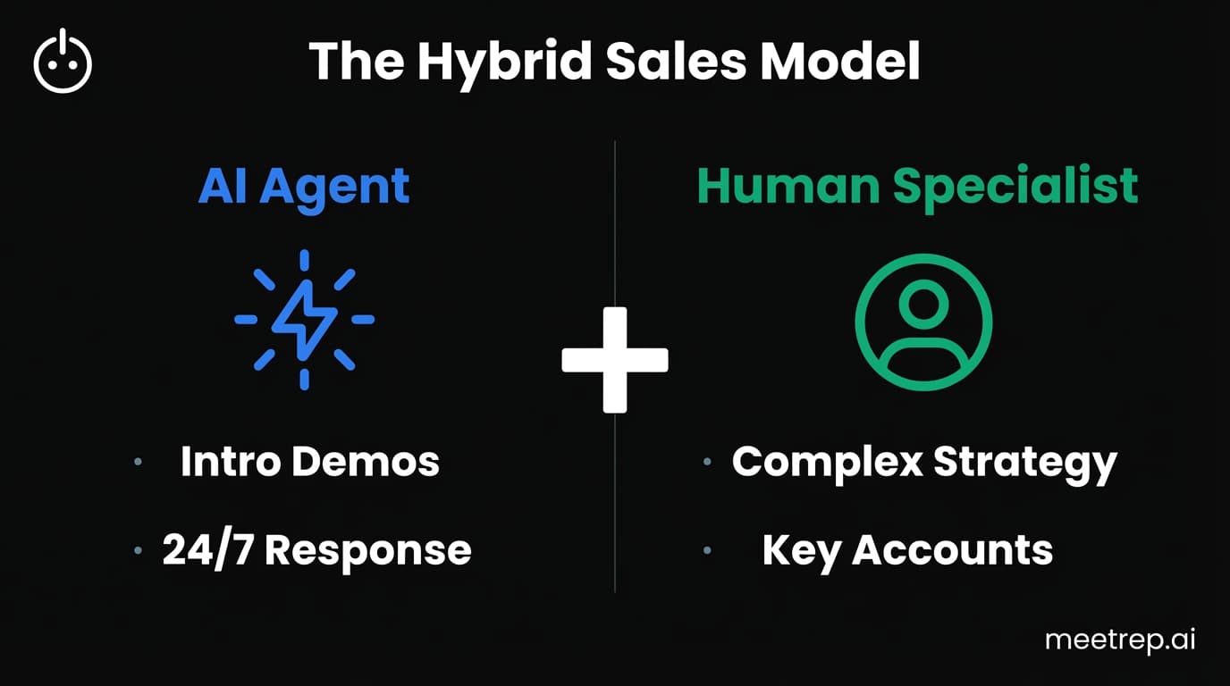 Hybrid sales model infographic showing AI Agents handling intro demos while Human Product Specialists handle complex strategy.