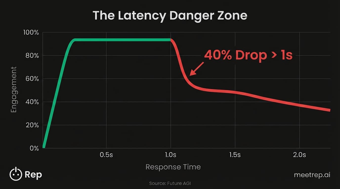 Line graph showing a steep 40% drop in customer engagement when AI voice response latency exceeds one second.